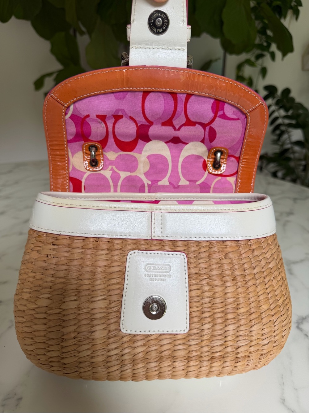 Coach Vintage Y2K Soho Straw Top Handle Basket Satchel Bag 6272 Pink White - Picture 9 of 16
